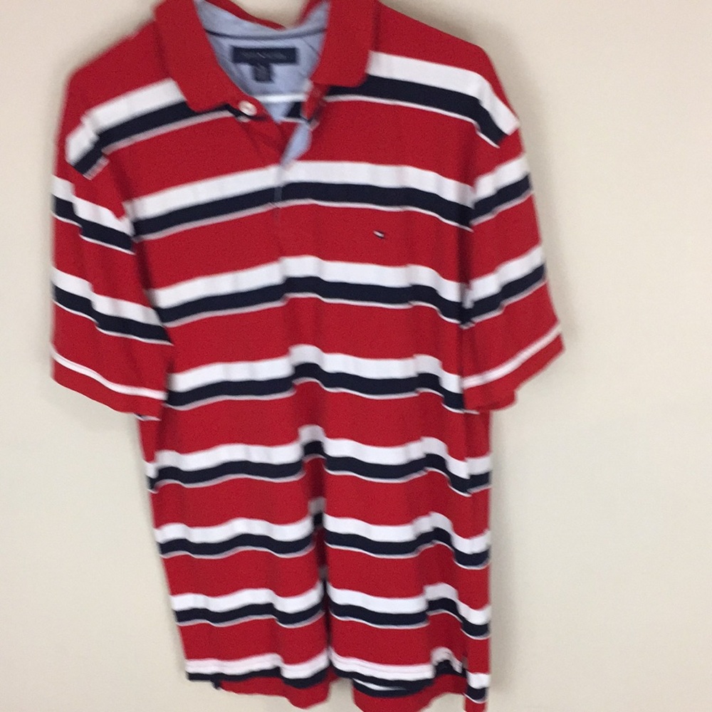 Tommy Hilfiger Red White and Navy Striped Polo Shirt Size XL